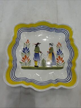 Henriot Quimper Hand-Painted Folk Scene Ceramic Serving Dish